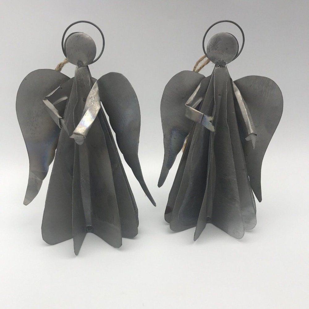 Corrugated Metal Angel Christmas Ornaments 6” Metalwork Folk Art Sculpted set 2